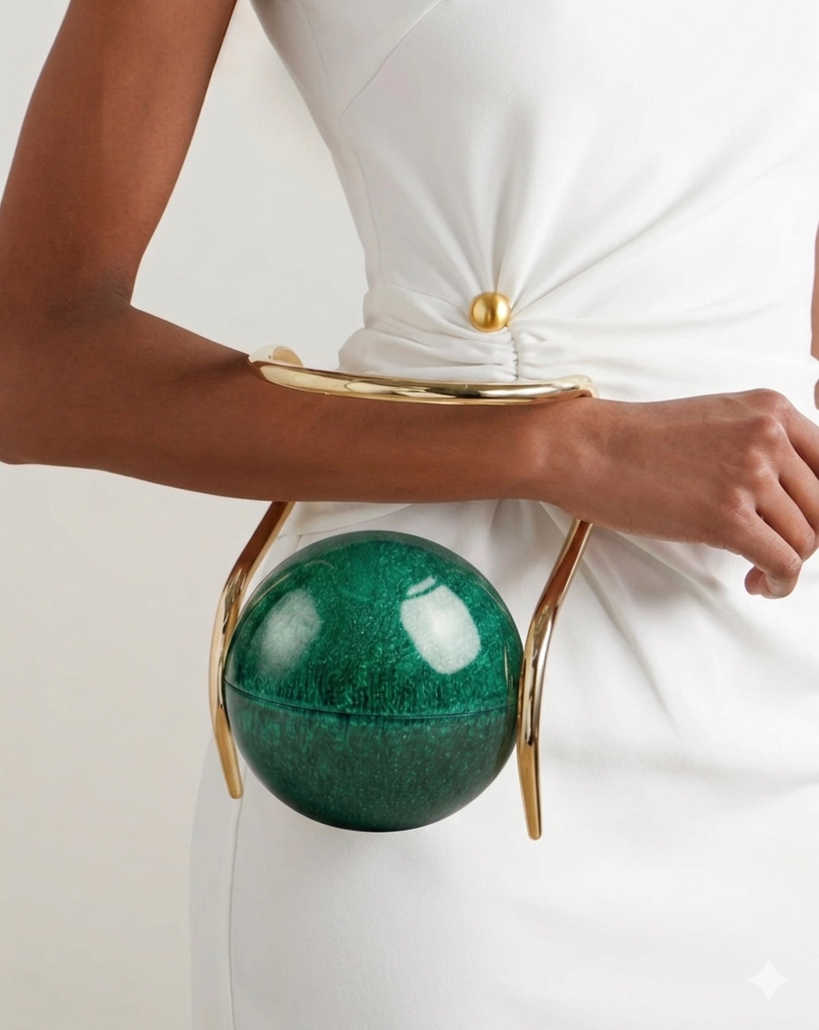 Emerald Sphere Clutch with Gold Handle | Statement Evening Bag for Women