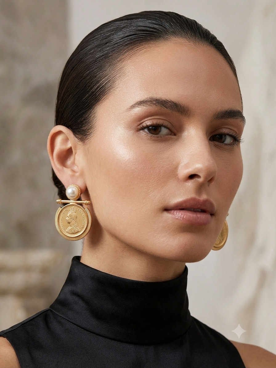 Victoria Antique Coin & Pearl Statement Studs