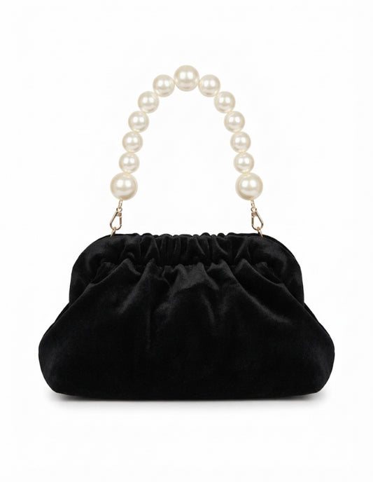 Black Velvet Pearl Handle Clutch