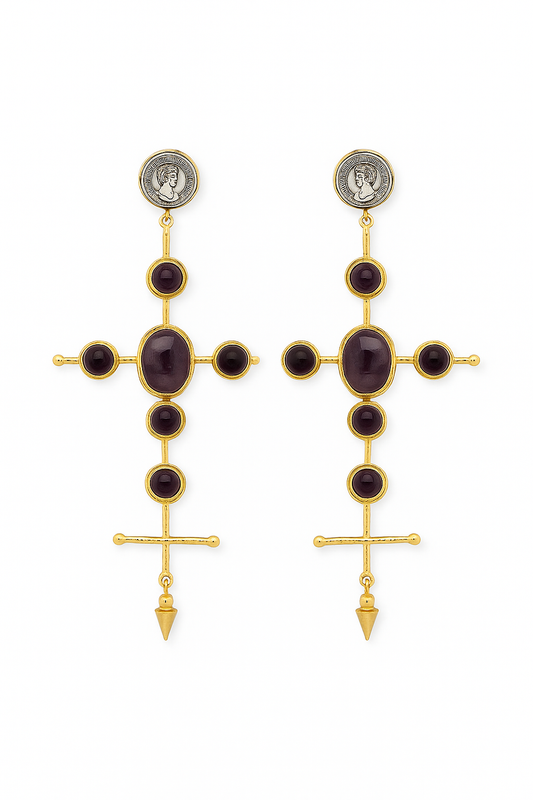 Amethyst noir cross earrings