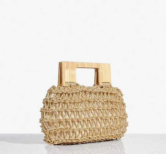 Golden Luxe Woven Handbag with Wooden Handle – Spacious & Elegant Summer Tote