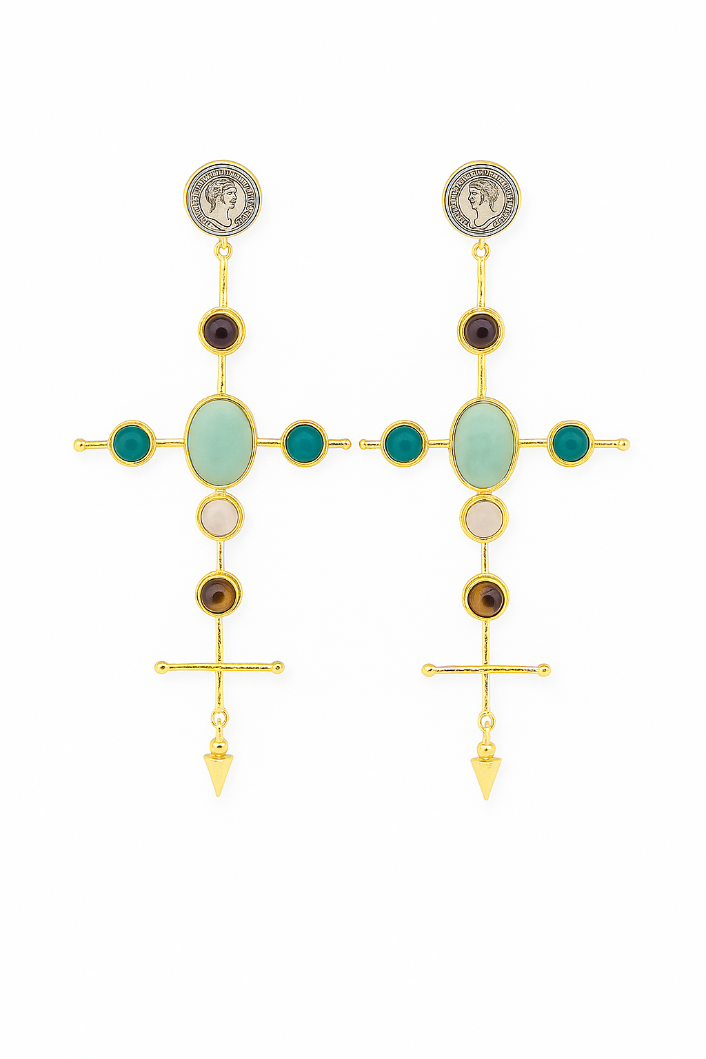 Aqua medallion cross earrings