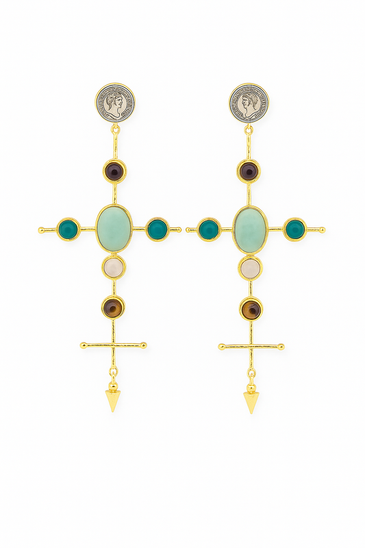 Aqua medallion cross earrings