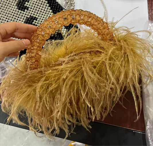 Earthy yellow FEATHER TOP HANDLE in dark yellow  beaded crystals