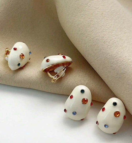 White enamel colorful diamond earrings  (clip on)