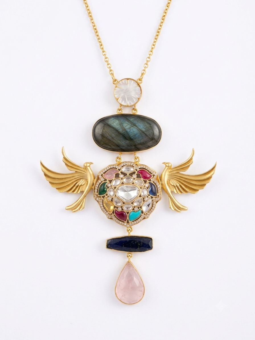 Winged Multi-Gemstone Pendant Necklace set with earrings