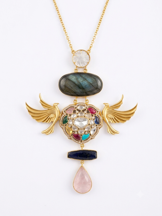 Winged Multi-Gemstone Pendant Necklace set with earrings