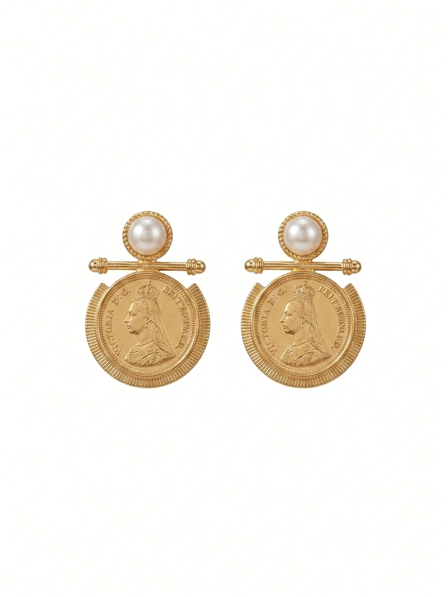 Victoria Antique Coin & Pearl Statement Studs