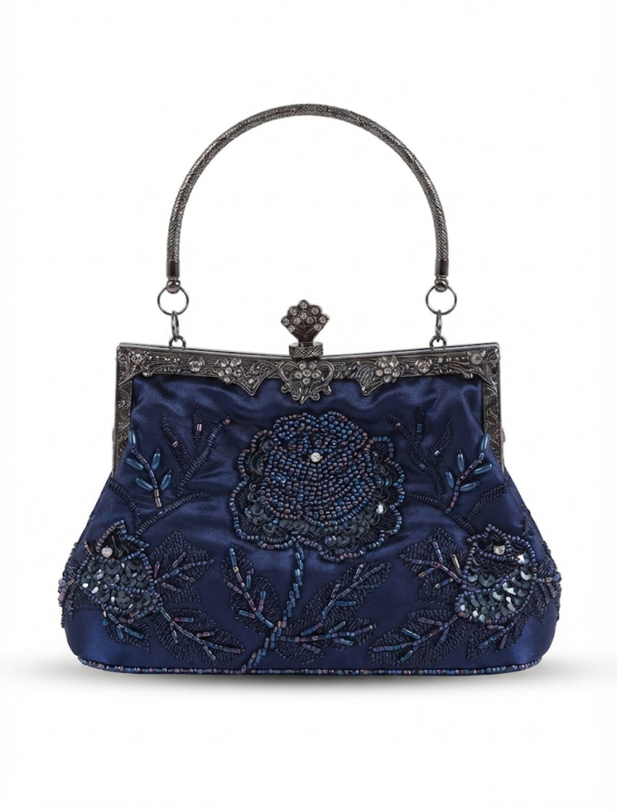 A navy blue satin evening handbag with intricate beadwork and sequin floral embroidery, featuring a silver-tone metal frame and top handle on a white background.