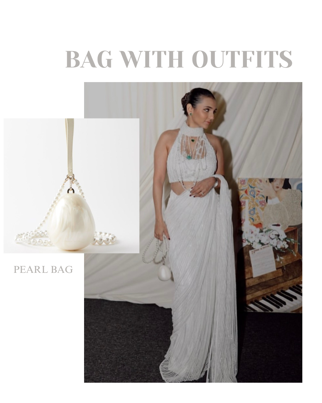 Woman in a white outfit holding a pearl bag with text 'Bag with Outfits' and 'Pearl Bag'.